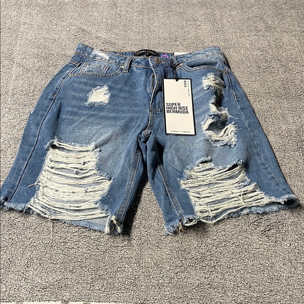 ALOHA Collection Light Blue Distressed High-Rise Bermuda Shorts